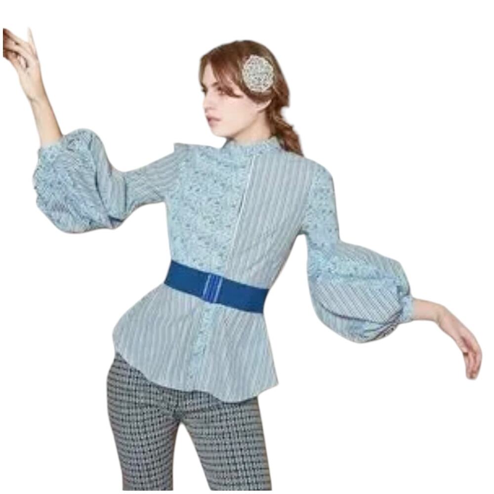 Silvia Tcherassi Celestia Belted Puff Sleeve Striped White Blue Blouse Size M - Picture 2 of 16